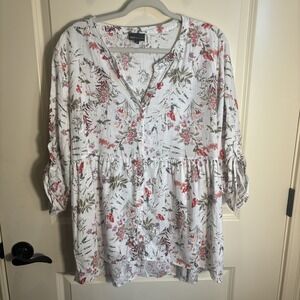 Jones & Co Women's 2X Floral Linen Blend Tunic Blouse 3/4 Sleeve Cottagecore